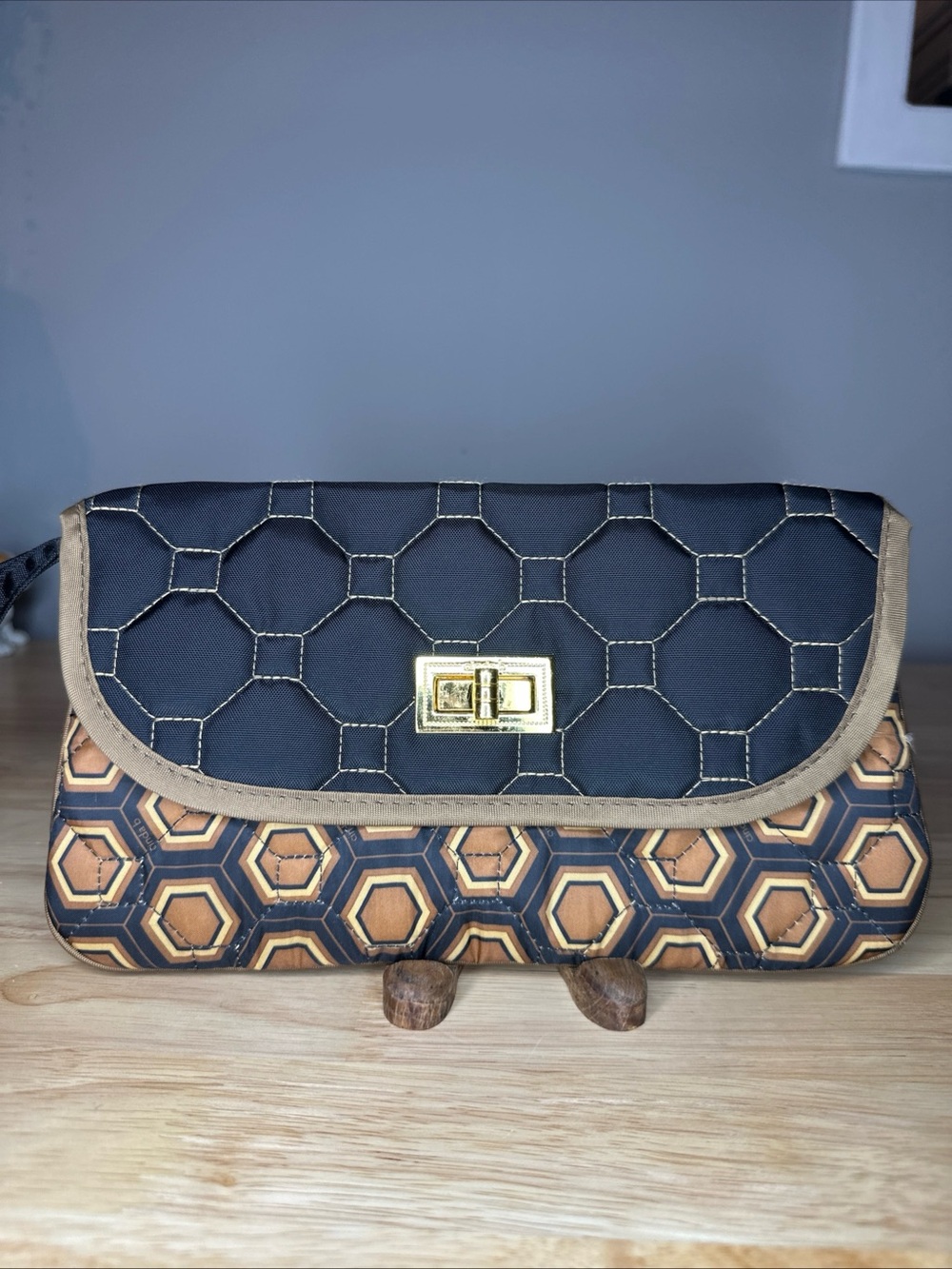Cinda B Hex-Pattern Foldover Clutch in Black and Tan with Gold Hardware tortoise